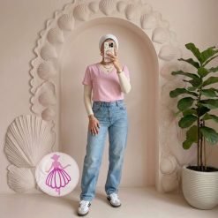 تیشرت زنانه صورتی یقه هفتsinsay